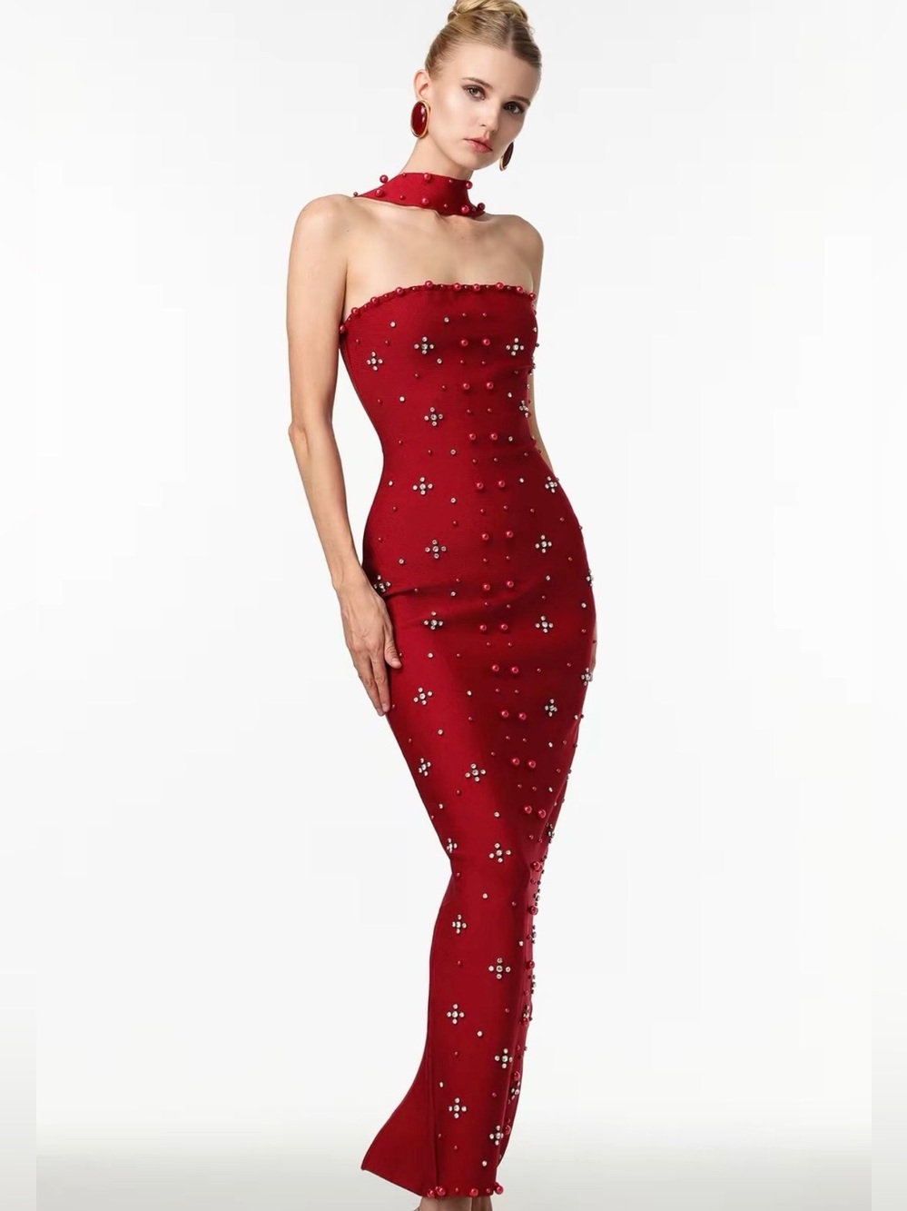 BELLA BARNETT Women's Nesya Solid Pearl-Accent Charm Bandage Maxi Dress, Sleevel